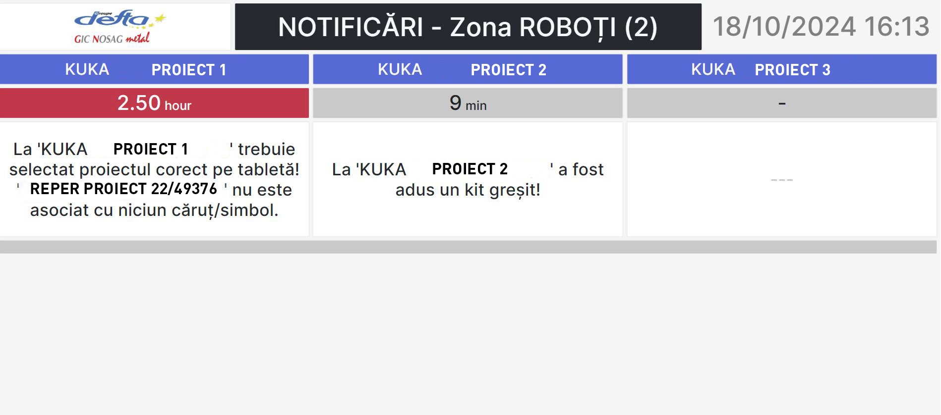 KFactory real-time notification dashboard at GIC Nosag Metal - Robot Area monitoring with color-coded alerts